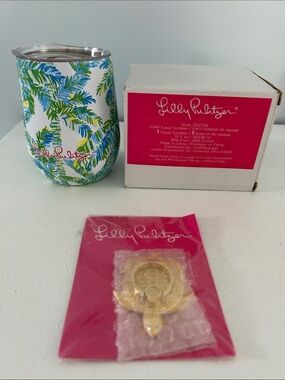 Lilly Pulitzer Palm Leaf Travel Tumbler & Tortoise Phone Ring.